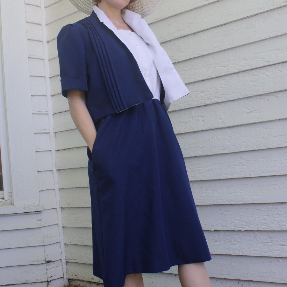 70s Blue White Day Dress S M Montgomery Ward Casual - Picture 7 of 10